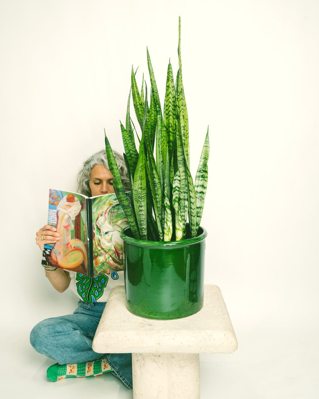 Woman reading behind a large snake plant in a green pot 